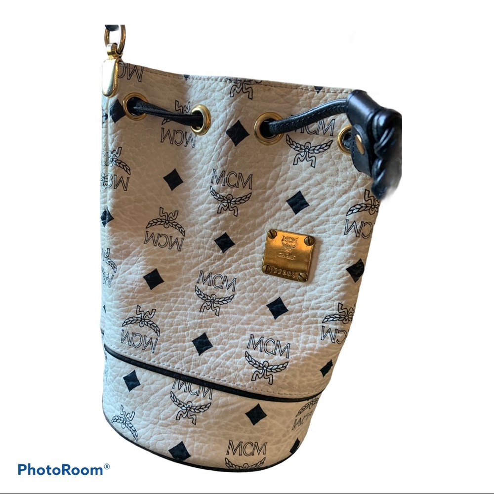 MCM Vintage Bucket Crossbody Bag White & Navy